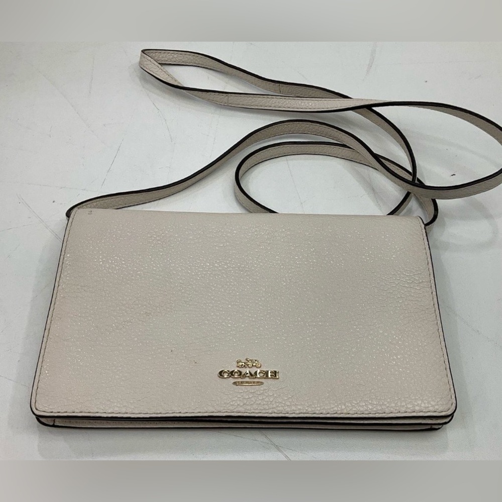 Coach Light Beige Pebbled Leather Crossbody Wallet